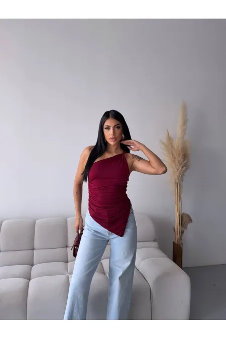 Kadın Bordo Tek Omuz Asimetrik Kesim Sandy Bluz HZL25S-FRY123241
