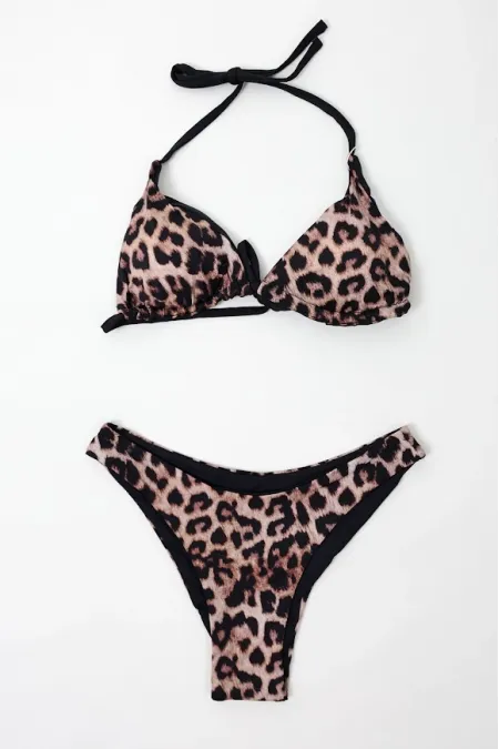Women's Black Leopard Tied Lined Triangle Bikini Set HZL24S-LC204
