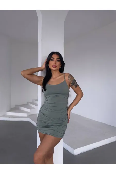Kadın Yeşil İnce Askılı Yanlardan Drapeli Mini Elbise HZL25S-FRY123071