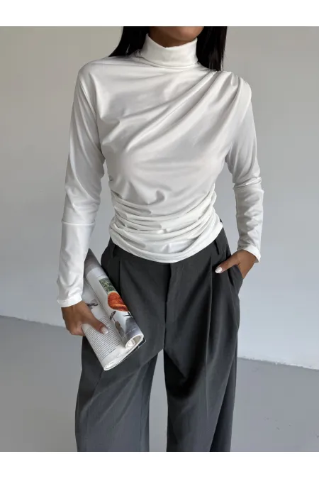 Kadın Beyaz Uzun Kollu Drape Detaylı Boğazlı Sandy Bluz HZL25W-FRY123301
