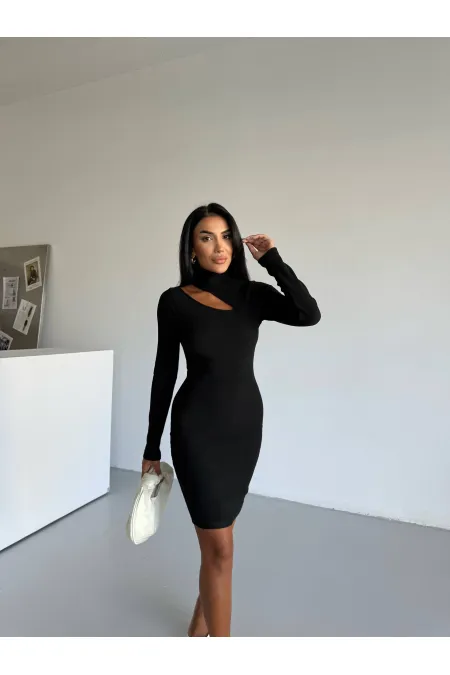 Kadın Siyah Boğazlı Uzun Kollu Ottoman Kumaş Elbise HZL25S-FRY123331