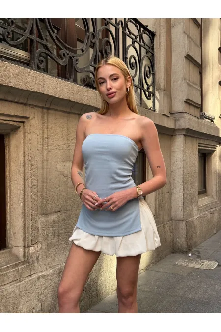 Kadın Mavi Yanı Büzgülü Çift Yırtmaçlı Straplez Bluz HZL24S-ZK13091