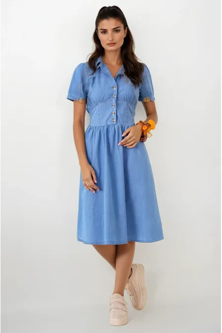 Kadın Açık Mavi Kısa Kollu Beli lastikli Yarım Düğmeli Göğüs Pensli Kot Elbise HZL22S-BD122101