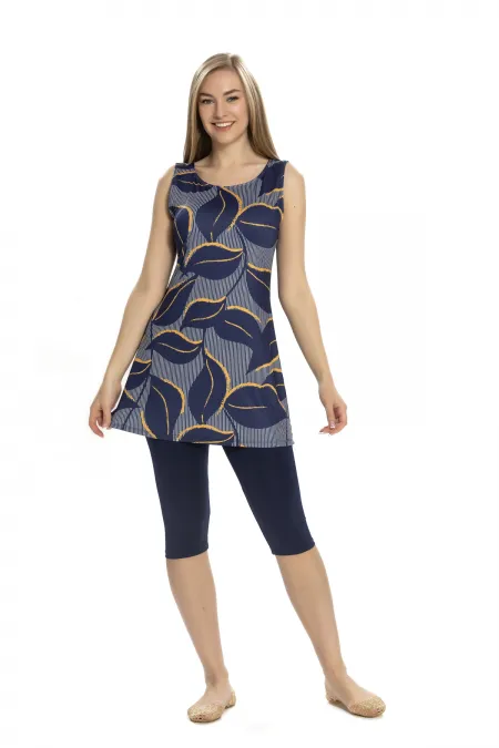 Kadın Lacivert Yaprak Desen Kolsuz Yarı Kapalı Taytlı Mayo HZL25S-AR152/504