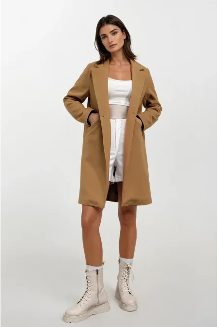 Kadın Hardal Tek Düğmeli Çift Cepli Astarlı Şık Kaşe Kaban HZL23W-BD190851