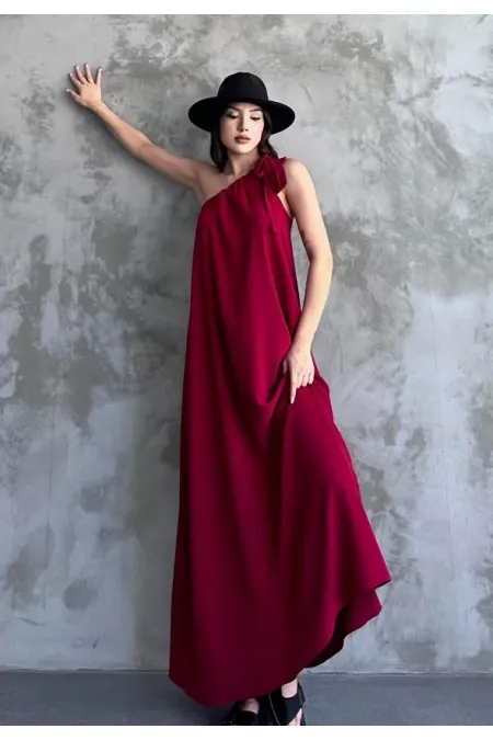 Kadın Bordo Omuzdan Bağlamalı Maxi Boy Dokuma Elbise HZL22S-DSB110031