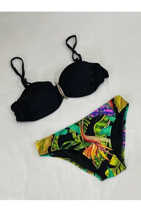 Women's Black Stone Embroidered Buckle Accessory Lined Bikini Set HZL25S-LC208