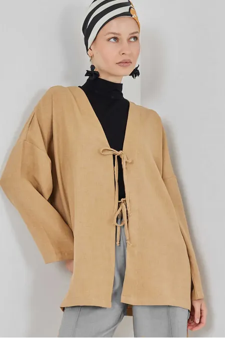 Keten Tesettür Kimono 5968 - Camel