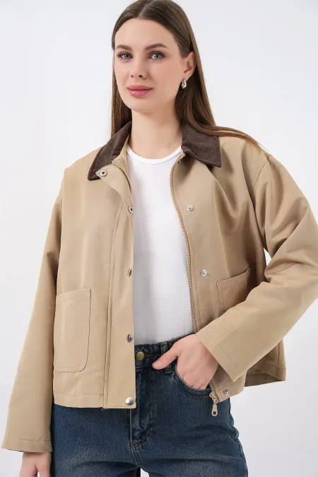 Women's Short Jacket with Pocket Detail 5975 - Biscuit