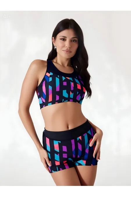 Women's Multicolored Swimsuit Bikini Set with Bustier and Shorts HZL23S-AR17541