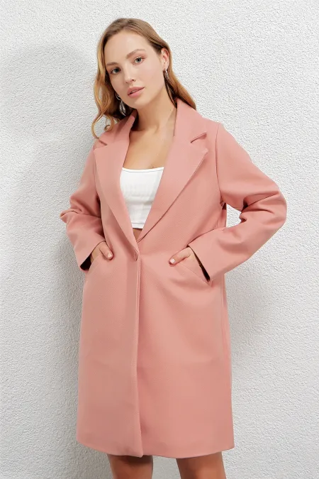 Kadın Pembe Tek Düğmeli Çift Cepli Astarlı Şık Kaşe Kaban HZL23W-BD190851