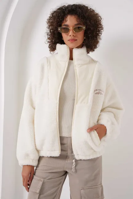 Veste en fausse peau de mouton imprimée écru crème pour femme, doublée de fausse fourrure, avec fermeture éclair HZL25W-BD151941