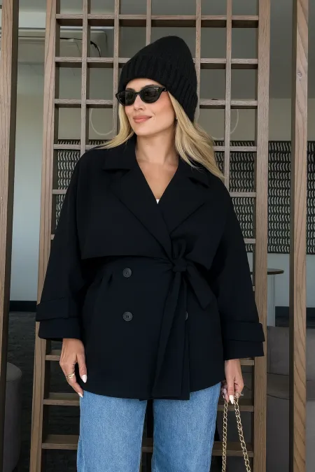 Kadın Siyah Premium Midi Boy Astarlı Kaşe Kaban HZL25W-BD191571