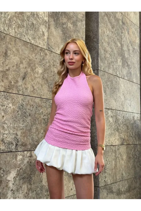 Kadın Pembe Boyundan Bağlamalı Gofre Kumaş Bluz HZL25S-ZK13631