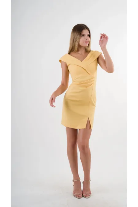 Kadın Sarı V Yaka Yırtmaç Detaylı Kolsuz Elbise HZL24S-YY272