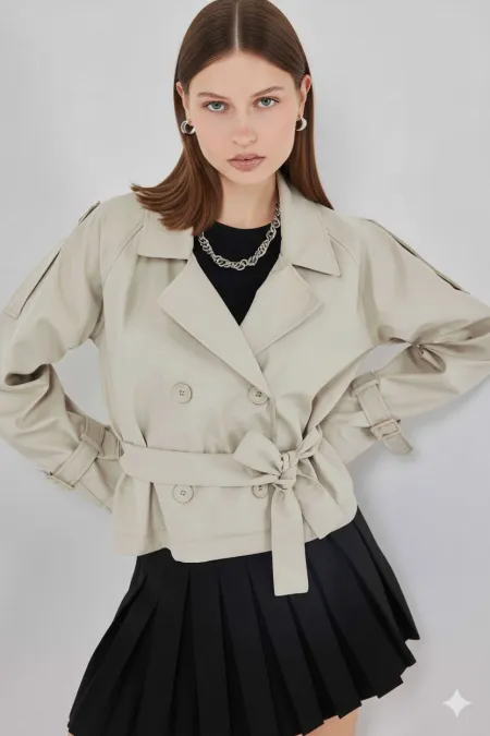 Trench-coat court beige à double boutonnage et ceinture pour femme, doublé HZL25W-BD159701