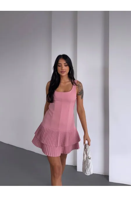 Kadın Pembe Pileli Şortlu Mini Elbise HZL25S-FRY122991