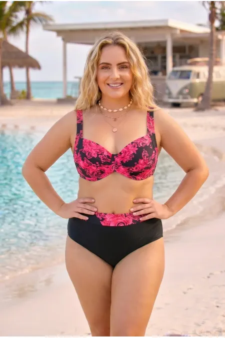 Women's Red Black Plus Size Baroque Pattern High Waist Shaping Bikini Set HZL26S-LC6138-2 Women's Red Black Plus Size Baroque Pattern High Waist Shaping Bikini Set HZL26S-LC6138-2