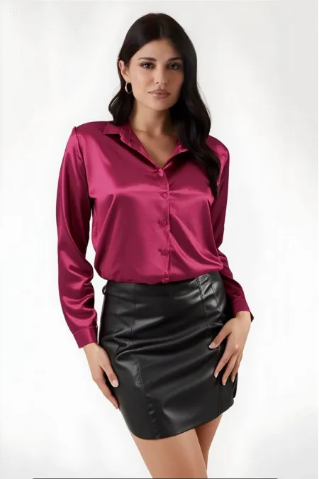 Kadın Bordo Hafif Dökümlü Saten Yüzeyli Gömlek Hzl22w-bd139641