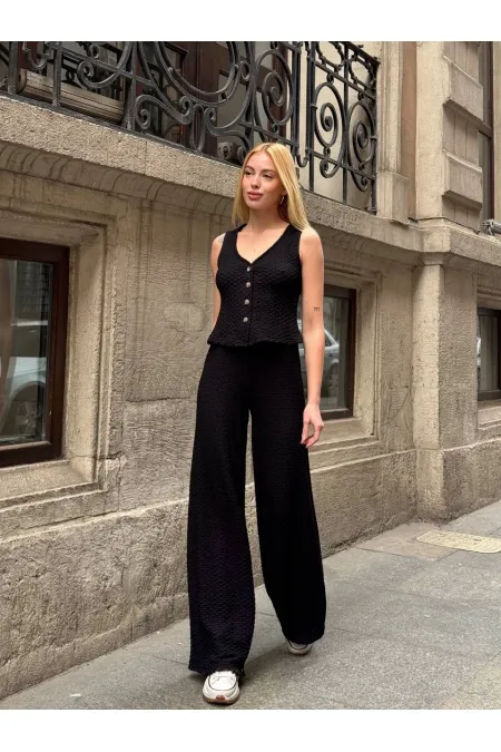 Kadın Siyah Beli Lastilkli Gofre Kumaş Pantolon HZL24S-ZK13261