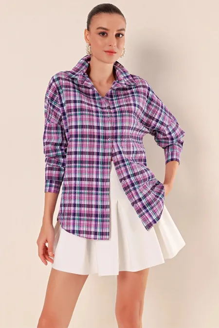 Women's Lilac Purple White Striped Plaid Shirt HZL22W-BD1201451 Women's Lilac Purple White Striped Plaid Shirt HZL22W-BD1201451