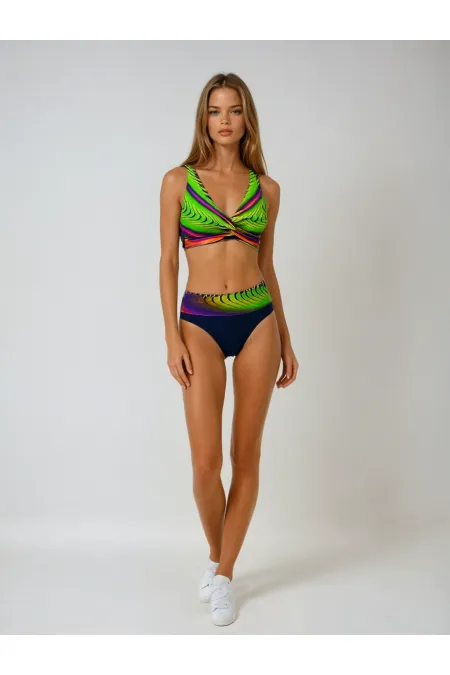 Women's Navy Blue Yellow Patterned High Waist Lined Bikini Set HZL25S-LC22315-5