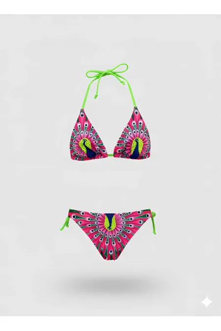 Ensemble bikini triangle rose à motif paon pour filles, 6-14 ans HZL24S-LC19017
