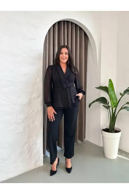 Kadın Siyah Büyük Beden Taş İşlemeli Şifon Kol Alt Üst Abiye Takım HZL26S-PR10151