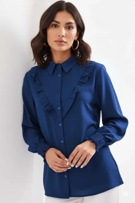 Chemise élégante à manches longues bleu marine pour femme avec détail à volants HZL25W-BD1202231