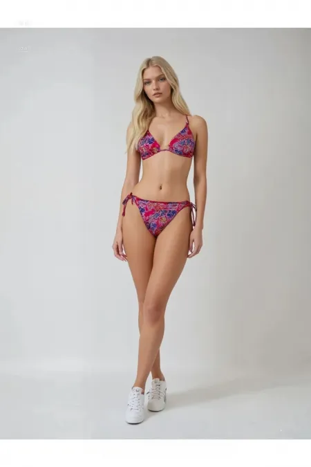 Women's Pink Floral Patterned Halter Neck Triangle Bikini Set HZL25S-LC5005
