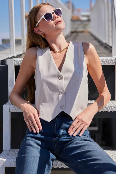 Kadın Krem Çizgili Düğmeli Astarsız Dokuma Yelek HZL24S-BD167941