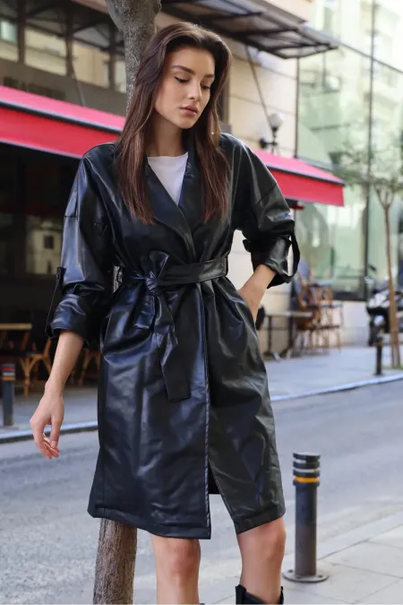 Trench-coat croisé noir doublé en similicuir pour femme, avec ceinture, HZL24W-BD110341