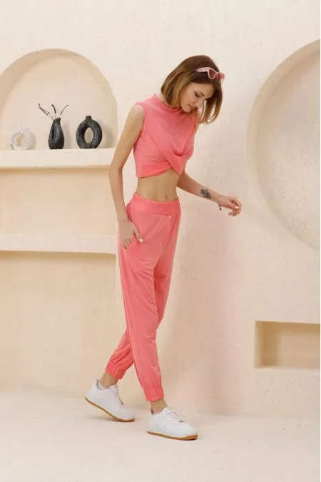 Kadın Somon Önü Düğümlü Alt-Üst İkili Şalvar Takım HZL23S-SND120141