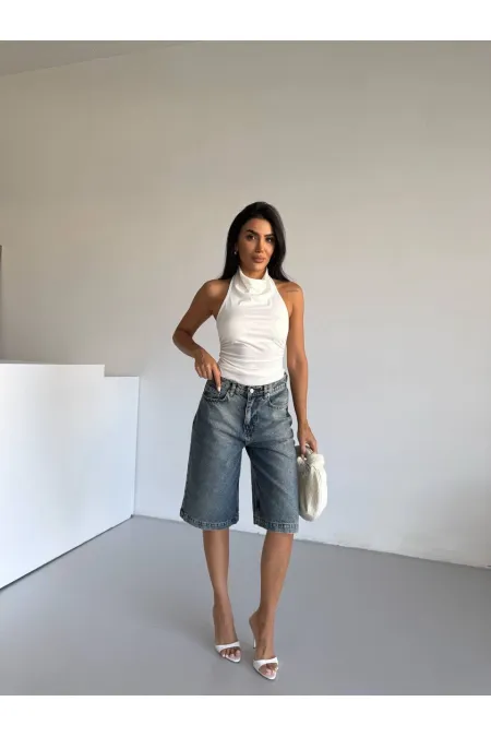 Kadın Beyaz Halter Yaka Sırtı Açık Sandy Bluz HZL25S-FRY123141