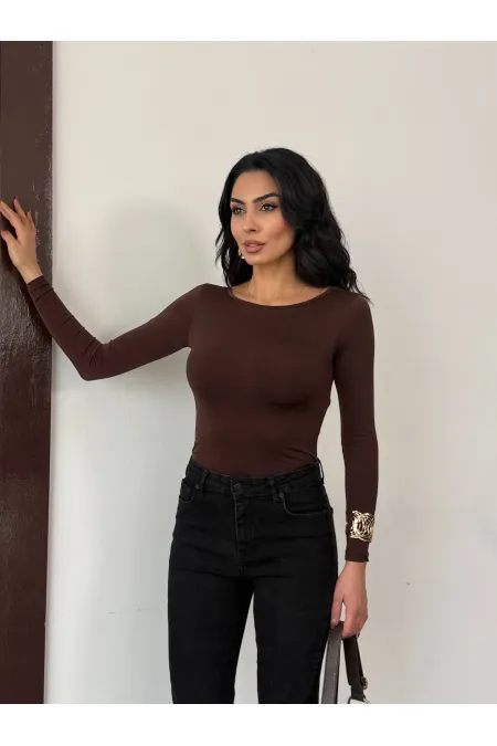 Kadın Kahverengi Sırtı Açık Fiyonk Bağlamalı Uzun Kol Bluz HZL25W-FRY123661