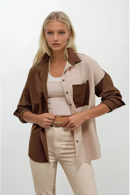 Kadın Kahverengi Krem Renk Bloklu  Poplin Basic Gömlek HZL22S-BD1201161