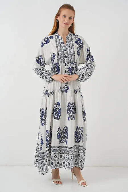 Robe longue hijab à motifs pour femme 2585 - Bleu marine