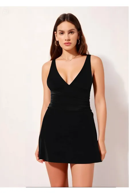 Maillot de bain noir à bretelles fixes et bonnets amovibles pour femme, jupe-short froncée, robe-short, HZL24S-AR1906