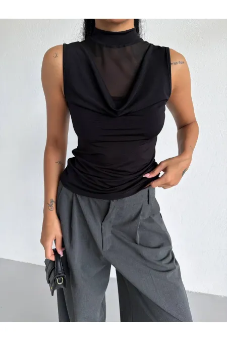 Chemisier noir à col en V et drapé sur le côté, couleur sable, orné de détails en tulle pour femme HZL26S-FRY123791