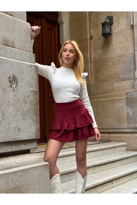 Kadın Bordo Kuş Gözlü Fır Fır Detaylı Mini Etek HZL25W-ZK11391