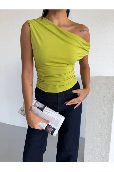 Kadın Fıstık Yeşil Yandan Drapeli Kayık Yaka Sandy Bluz HZL25S-FRY123201