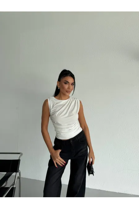 Kadın Beyaz Büzgülü Kolsuz Sandy Bluz HZL26W-FRY122751
