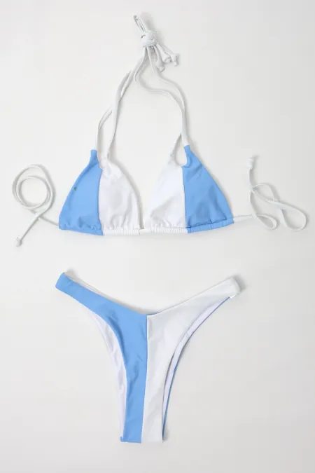 Women's Blue White String High Waist Bikini Set HZL24S-LC2230
