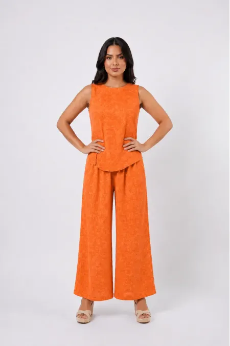 Women's Orange Linen Textured Relaxed Fit Top and Bottom Set HZL26S-VL15141