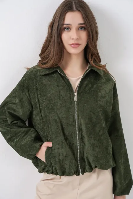 Kadın Büzgülü Oversize Kadife Ceket 0733 - Haki