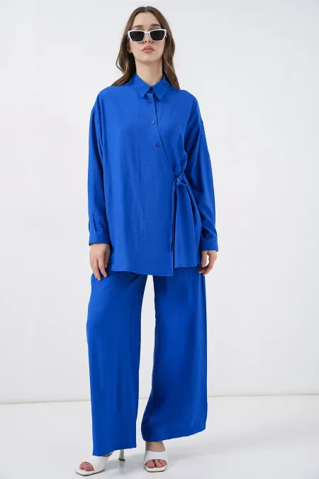 Ensemble deux pièces tunique et pantalon à lacets pour femme 6752 - Bleu marine