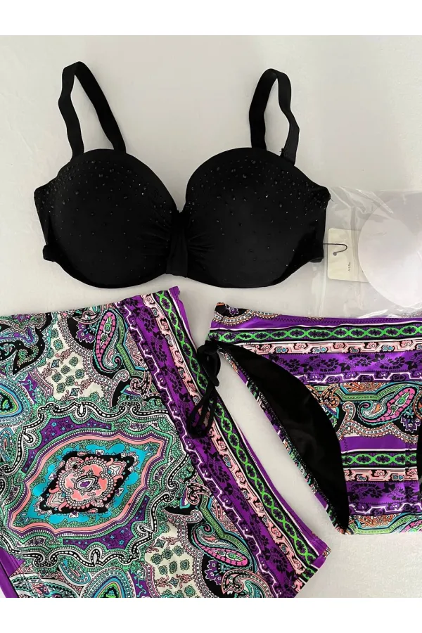 Kadın Siyah Taş İşlemeli Desenli 3 Parça Etekli Bikini Takım HZL25S-LC3326