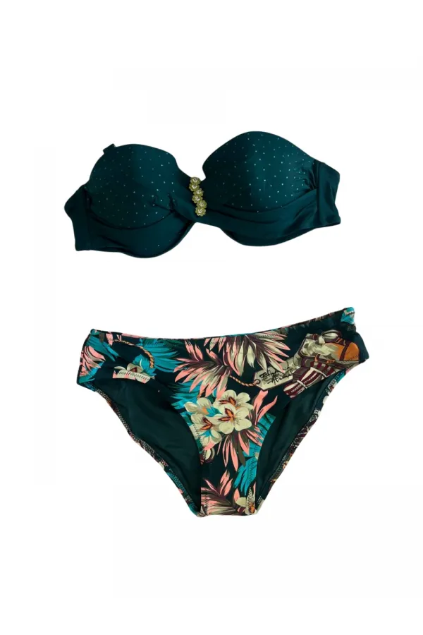 Ensemble bikini doublé et brodé de pierres vert émeraude pour femme HZL25S-LC4005
