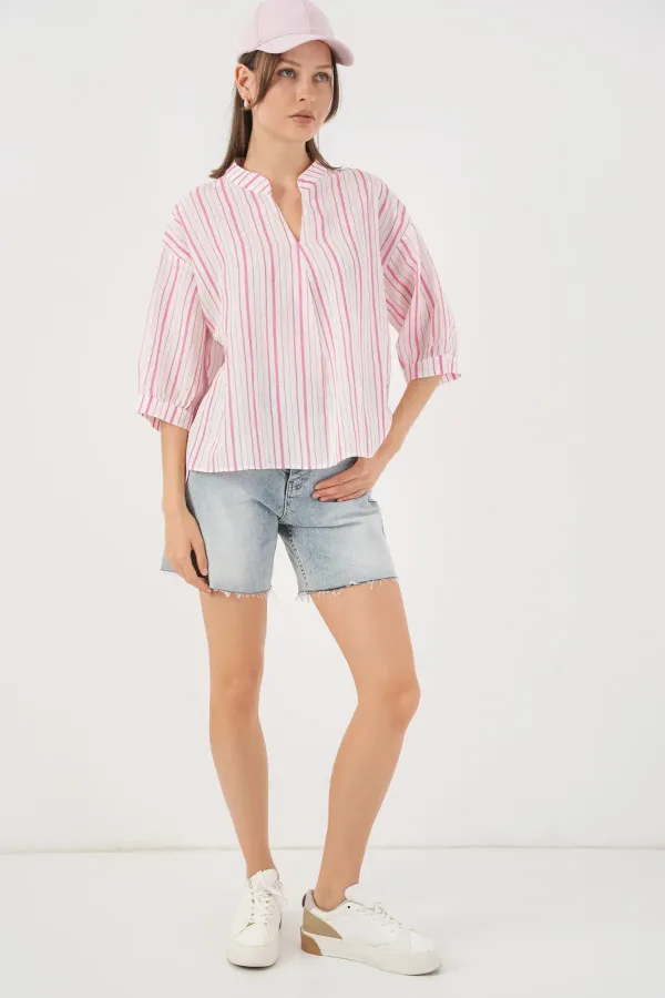 Kadın Çizgili Oversize Bluz 967 - Pudra