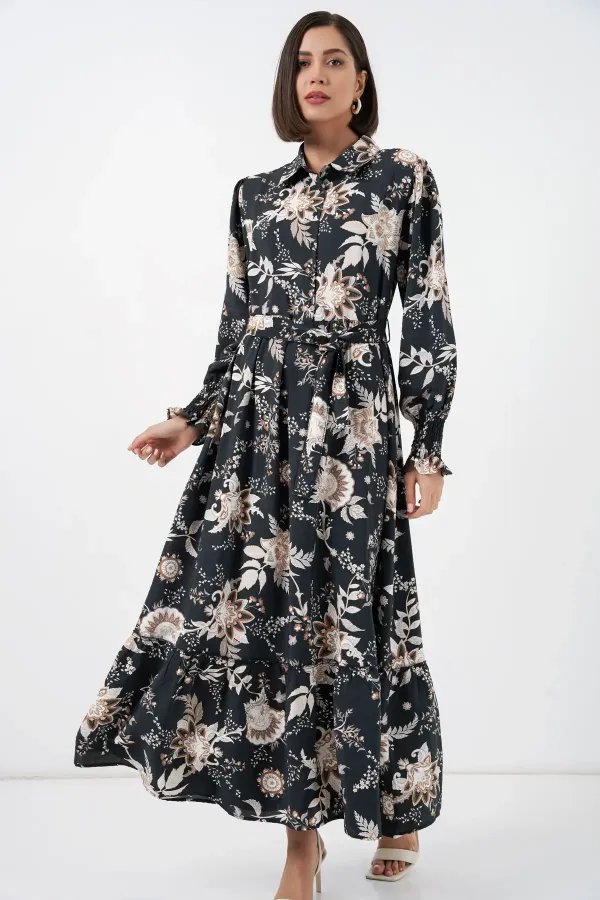 Kadın Kuşaklı Tesettür Elbise 2589 - Y.Siyah